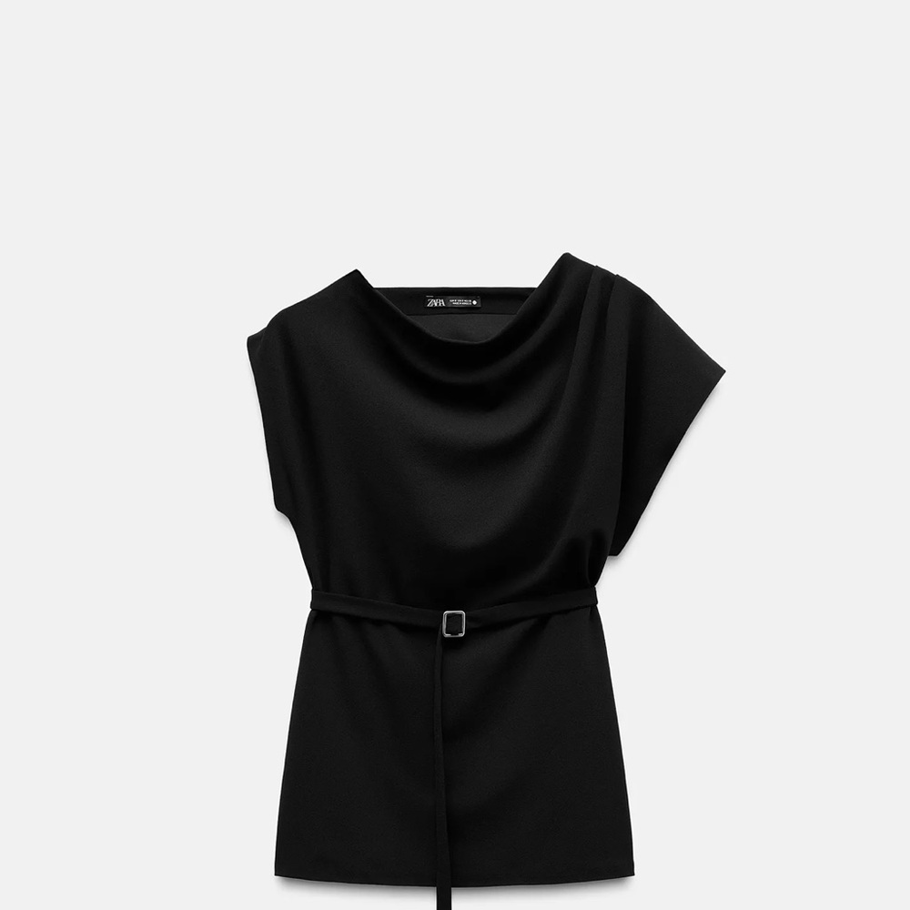 Zara Black Draped Belted Blouse